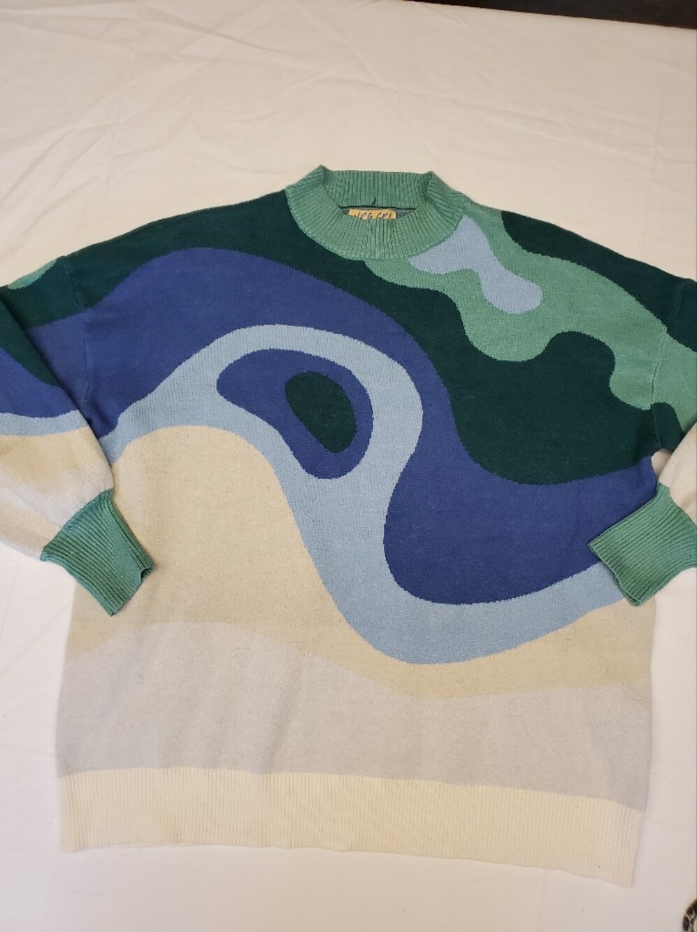 VRG GRL Abstract Wave Knit Sweater AU 8 Green Blue Cream Mock Neck Oversized